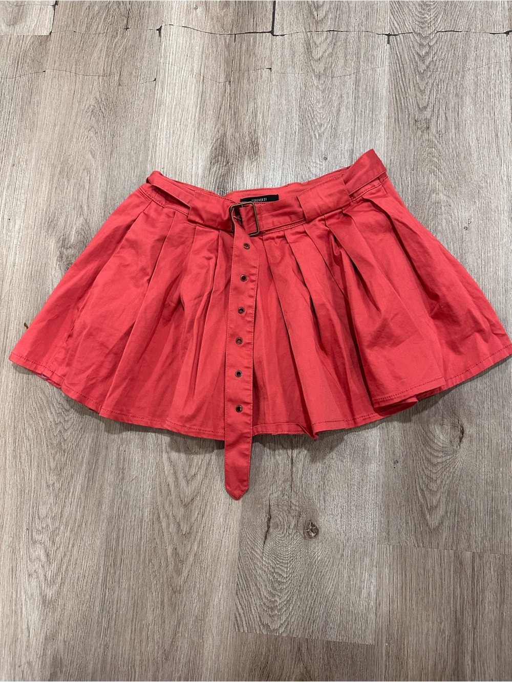 Forever 21 Coral-Red Pleated Circle Skater Skirt with Belt